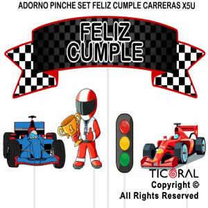 ADORNO PINCHE PARA TORTA FELIZ CUMPLE AUTO DE CARRERA x 5 UNIDADES